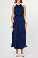 Load image into Gallery viewer, Elegant halter neck long dress with crochet trim, available in bold red and classic navy, perfect for summer events.

