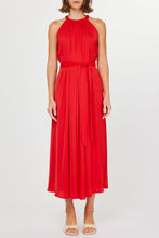 Load image into Gallery viewer, Elegant halter neck long dress with crochet trim, available in bold red and classic navy, perfect for summer events.

