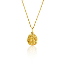 Load image into Gallery viewer, A unique gold coin necklace on a white background, perfect for adding texture to your necklace stack. Pendant measures 1.8 cm x 1.2 cm, and the necklace is 45 cm long with an 8 cm extension chain.
