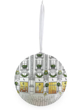 Load image into Gallery viewer, Christmas Bauble inspired by Louis Vuitton: White Decoupage Baubles, beautifully illustrated, hung on white organza ribbon.
