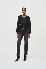 Load image into Gallery viewer, Elegant bouclé jacket featuring contrast trim, faux chest pockets, and button closure, perfect for office or casual outings.
