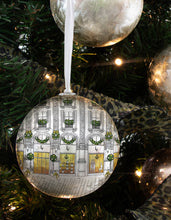 Load image into Gallery viewer, Louis Vuitton-inspired Christmas Bauble: White Decoupage Baubles, shiny and beautifully illustrated, hanging on white organza ribbon.
