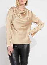 Load image into Gallery viewer, Elegant High Cowl Neck Blouse in Hammered Silk-Touch Satin, featuring a draped front, bracelet sleeves, and a keyhole back.
