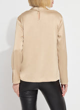 Load image into Gallery viewer, High Cowl Neck Blouse in Hammered Silk-Touch Satin features an open front, bracelet sleeves, and a keyhole back with button.
