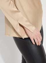 Load image into Gallery viewer, Elegant High Cowl Neck Blouse made of Hammered Silk-Touch Satin, featuring an open front, bracelet sleeves, and keyhole back.
