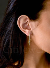 Load image into Gallery viewer, Elegant CZ wire threader earrings adorned with three distinct stone shapes, available in opulent sterling silver with gold, silver, rose gold, and black rhodium hues.
