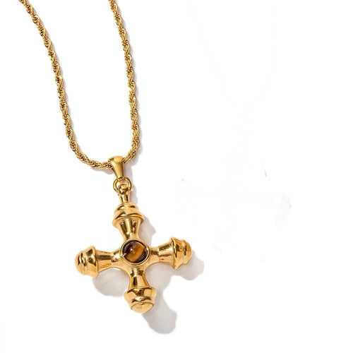 Gold Cross Necklace with center tiger eye stone. Gold-plated, stainless steel and waterproof.