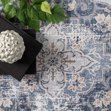 Load image into Gallery viewer, Enhance your decor with a blue and white area rug showcasing a vase and a book, exuding elegance and refinement.
