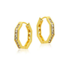Load image into Gallery viewer, A versatile pair of gold-tone diamond hexagon hoop earrings, measuring 1.7 cm in width. With crystal-encrusted hexagon shapes, they effortlessly enhance your ear stack and bring shine to your outfit.
