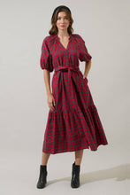 Load image into Gallery viewer, Plaid Chapman Red, Green and White Midi Tiered Dress with Short Puff Sleeve and waist tie.
