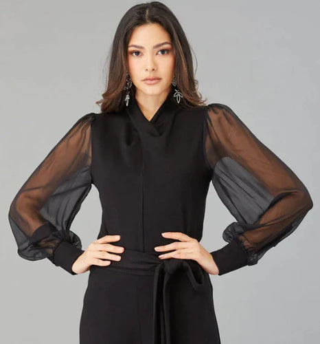 Unique twist neck ponte top with chiffon sleeves, a chic combo that guarantees all eyes on you. Perfect for a stylish strut!