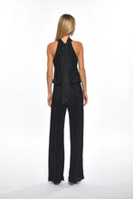 Load image into Gallery viewer, Black pleated two-piece jumpsuit by Julian Chang. High mock neck, halter style straps, sleeveless bodice, straight waistband, long straight leg pant.
