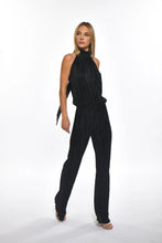 Load image into Gallery viewer, Julian Chang&#39;s black pleated jumpsuit: high mock neck, halter style straps, sleeveless bodice, straight waistband, long straight leg pant.
