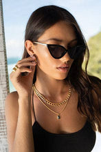 Load image into Gallery viewer, Fashion-forward woman in sunglasses rocking a trendy chunky gold cuban chain necklace, the perfect accessory for any look.
