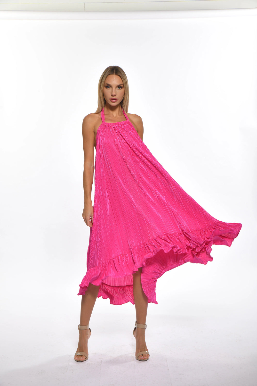 Stand out in Julian Chang's Hilma Dress: Playful pink plisse fabric with a flattering A-line silhouette, perfect for any occasion.