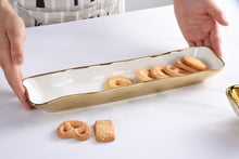 Load image into Gallery viewer, Elegant cracker tray for small treats. White porcelain with gold titanium. Food, dishwasher, oven safe to 500°. Easy maintenance.
