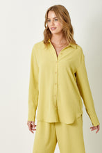 Load image into Gallery viewer, Muted Lemon Button Down Blouse adds texture to your wardrobe.
