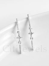 Load image into Gallery viewer, Stunning wire threader earrings adorned with three distinct stone shapes, made from sterling silver in various metal colors.

