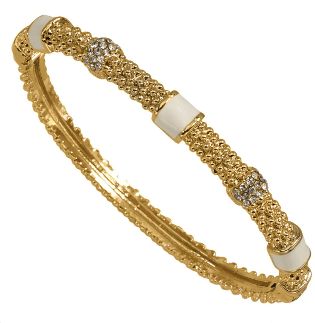18K gold plated with white oynx and silver crystal accented bangle bracelet.
