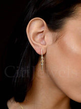 Load image into Gallery viewer, Chic CZ wire threader earrings with three different shaped stones, available in sterling silver with gold, silver, and rose gold tones.



