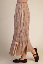 Load image into Gallery viewer, Wrinkled midi taupe colored high waisted skirt side view.
