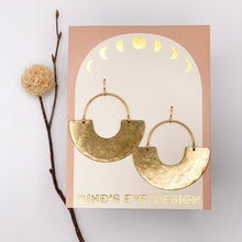 Load image into Gallery viewer,  Handmade gold earrings made from hammered brass are suspended delicately from a branch. Crafted in the USA, packaged on our 3.5&quot; x 4.5&quot; cards
