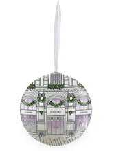Load image into Gallery viewer, Dior-inspired J&#39;adore Christmas Bauble: White decoupage baubles with stunning illustrations, hung on white organza ribbon.
