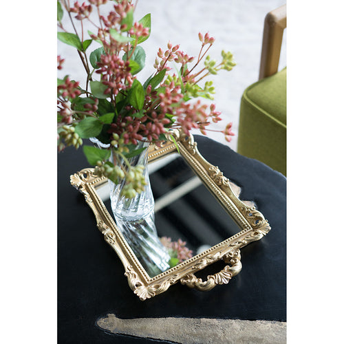 Luxurious tray with ornate frame and gleaming gold finish, perfect for modern use.