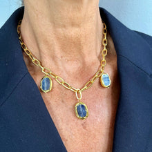 Load image into Gallery viewer, Enhance your style with a gold chain necklace showcasing three genuine kyanite stone pendants in a captivating blue shade.
