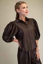 Load image into Gallery viewer, Dark chocolate brown metallic coated puff sleeve button down top.
