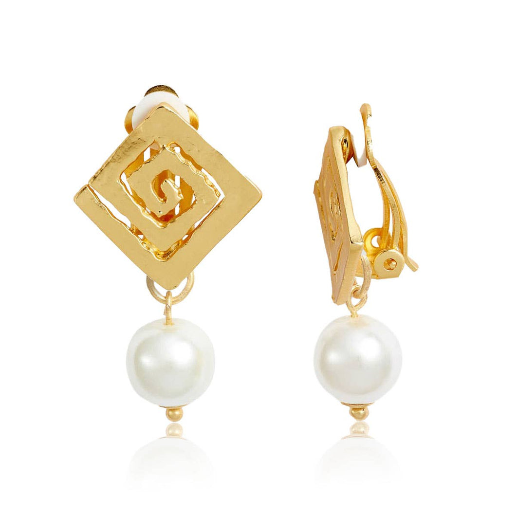Elegant Square Spiral Pearl Drop Clip-On Earrings: GOLD
