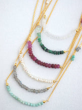 Load image into Gallery viewer, A sophisticated 16&quot;+2&quot; necklace showcasing a curved bar, adorned with opulent stone beads and a striking pearl accent.
