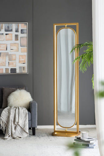 Full length mirror with gold finish frame, swivels 360 degrees. Includes three storage shelves for jewelry, cosmetics, and small items.