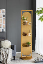 Load image into Gallery viewer, Gold finish full length mirror with 360-degree swivel. Three storage shelves for jewelry, cosmetics, and small items.
