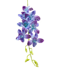 Load image into Gallery viewer, Vibrant purple and blue real touch orchid with bendable stems, elegantly hanging from a white background.
