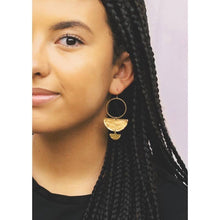 Load image into Gallery viewer, Double Half Moon Earrings made of brass with gold plated earwires, hanging from a branch - 2.25&quot; x 1&quot; in size, lead and nickel free.
