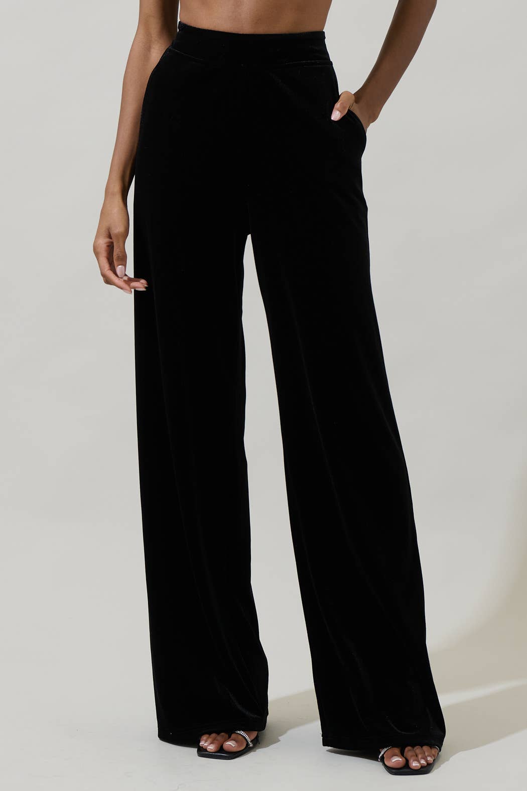 Black high waisted velvet wide leg pants.