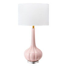 Load image into Gallery viewer, Enhance your space with this contemporary pink table lamp featuring a white fabric drum shade, providing the ideal amount of diffused lighting.
