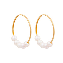 Load image into Gallery viewer, Sandy hoop earrings embellished with five freshwater pearl drops in varying sizes, beautifully plated in 18K gold.
