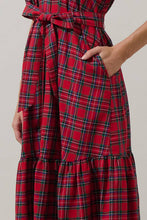 Load image into Gallery viewer, Plaid Chapman Red, Green and White Midi Tiered Dress with Short Puff Sleeve and waist tie.
