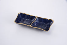 Load image into Gallery viewer, High-fired porcelain server in blue glaze with gold-tone rims. Great for appetizers, desserts, sides, nuts, candy. Food safe, dishwasher safe, oven safe to 500°.
