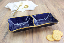 Load image into Gallery viewer, Blue glazed porcelain 2 section server with gold-tone rims. Perfect for appetizers, desserts, and sides. Food safe, dishwasher safe, and oven safe to 500°.
