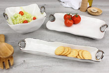 Load image into Gallery viewer, Beautiful white porcelain with smooth silver titanium handles. Perfect for crackers, small cookies, and treats. Food, dishwasher, and oven safe up to 500°. Low maintenance. 
