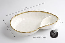 Load image into Gallery viewer, Elegant two-section serving piece in Golden Salerno for crudités, chips and dip, or berries and cream. Made of high-fired white porcelain with gold beads in titanium. Food, dishwasher, and oven safe. Tarnish and stain-free. Easy to maintain.
