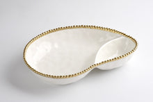 Load image into Gallery viewer, Serve in style with this two-section serving piece in Golden Salerno. Ideal for crudités, chips and dip, or berries and cream. Crafted from high-fired white porcelain with gold beads in titanium. Food, dishwasher, and oven safe. Tarnish and stain-free. Easy to clean.

