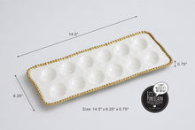 Load image into Gallery viewer, Deviled Egg Tray in Golden Salerno: Perfect for brunch or Easter, this tray holds a dozen deviled eggs or sushi. High-fired porcelain with gold beads, dishwasher safe.
