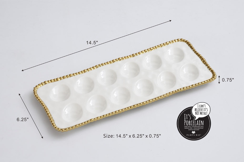 Deviled Egg Tray in Golden Salerno: Perfect for brunch or Easter, this tray holds a dozen deviled eggs or sushi. High-fired porcelain with gold beads, dishwasher safe.