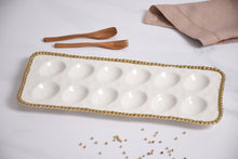 Load image into Gallery viewer, Deviled Egg Tray: High-fired porcelain with gold beads, perfect for brunch or Easter. Holds deviled eggs or sushi. Dishwasher safe, stain resistant, tarnish free.
