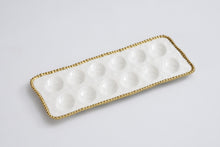 Load image into Gallery viewer, Golden Salerno Deviled Egg Tray: Ideal for brunch or Easter, this tray holds deviled eggs or sushi. High-fired porcelain with gold beads, dishwasher safe.
