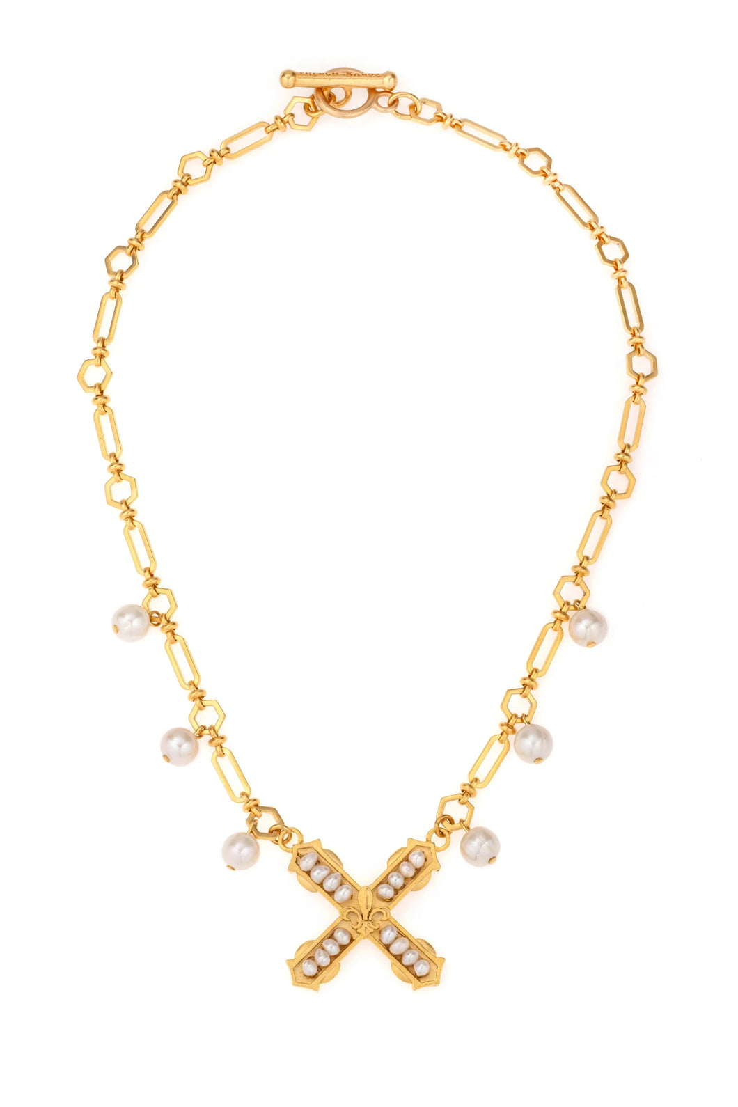 Elegant 17” Toulouse chain necklace with a white pearl French Kiss pendant and Freshwater Pearl dangles, perfect for layering.
